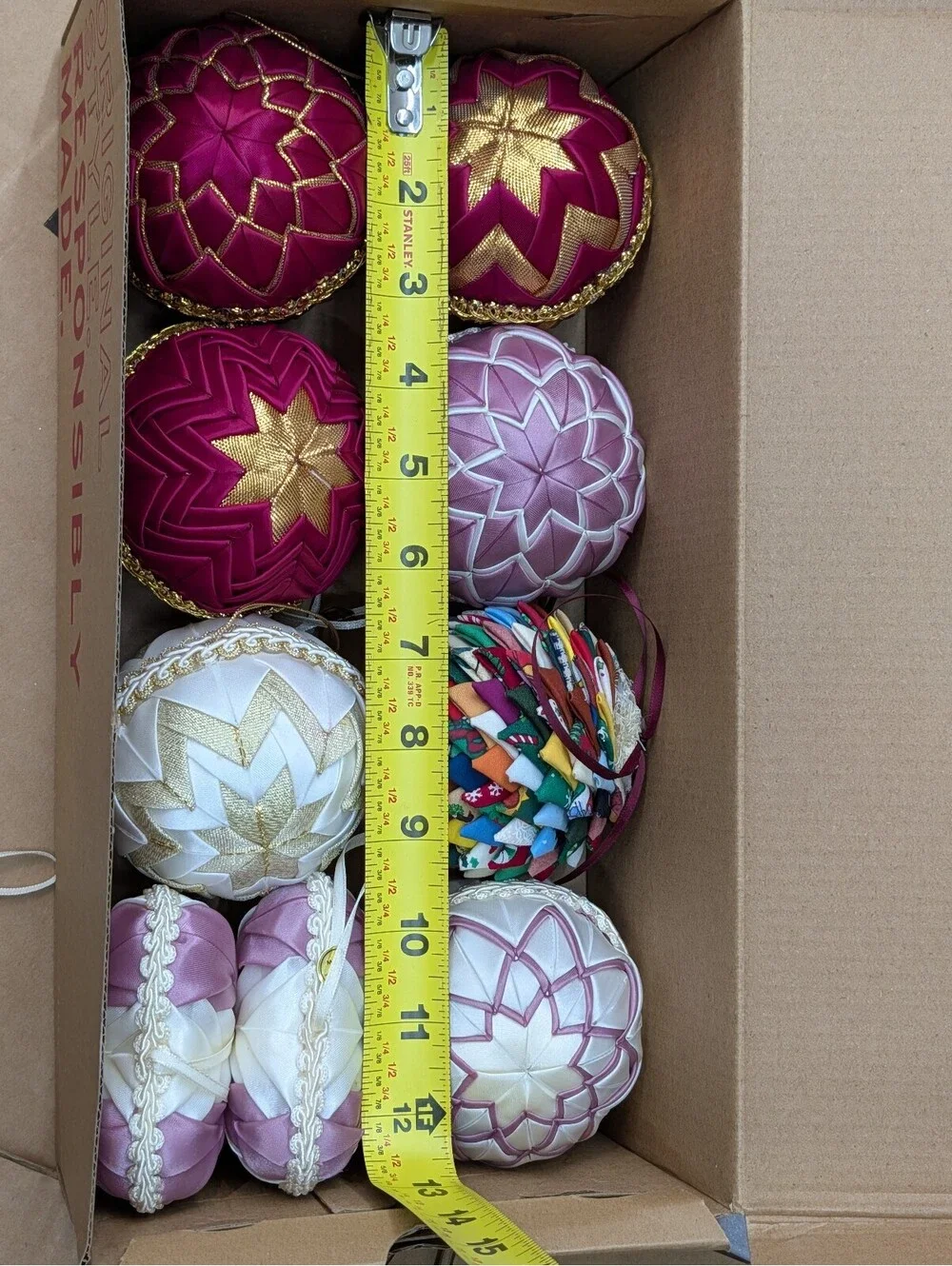 Vintage Quilted Satin Ribbon Christmas Ornaments Lot 10 Satin Folded Star Heart